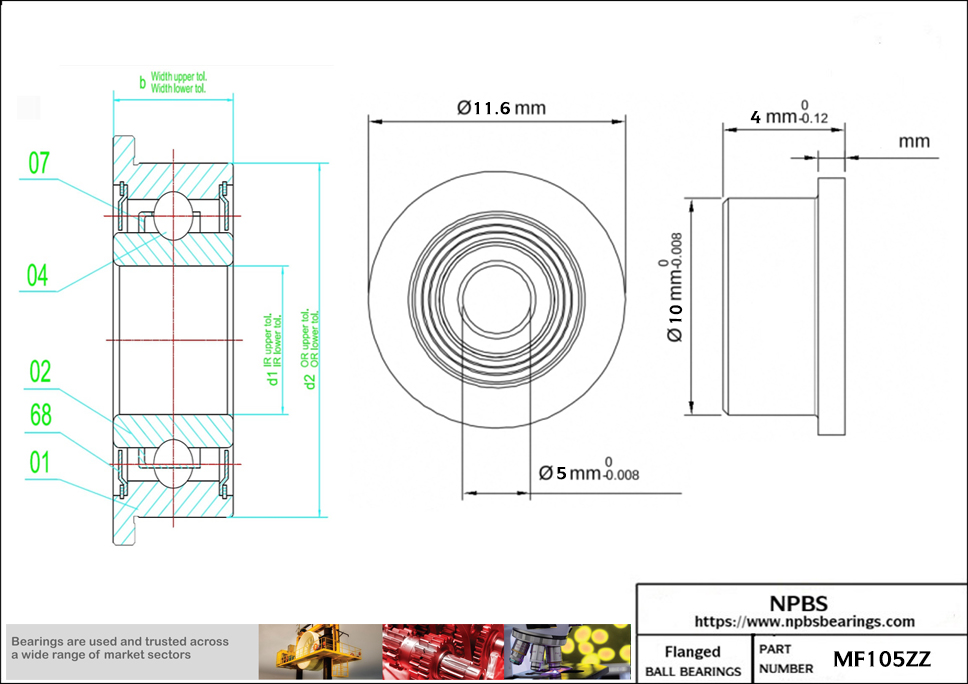 MF105-ZZ Miniature Flange Ball Bearing 5x10x4 Shielded MF105-ZZ Miniature Flange Ball Bearing 5x10x4 Shielded